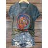 Women Summer T Shirt Vintage Pattern Print Short Sleeve Tees Casual Printed Tops