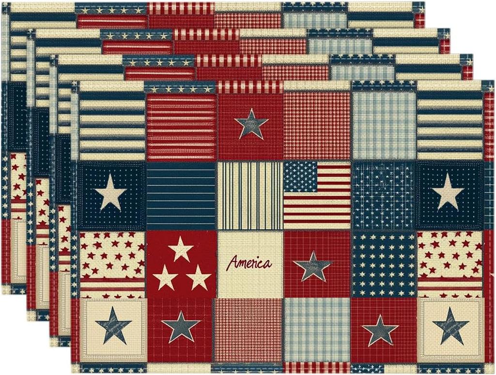 Stars American Flag 4th of July Placemats Set of 4, 12x18 Inch Memorial Day Patriotic Table Mats for Party Kitchen Dining Decoration