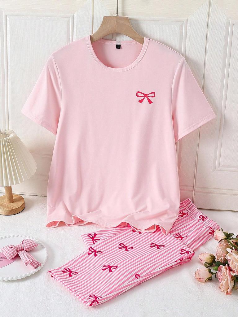 Soft Stretchy Bow Print Pajama Set Crew Neck Solid Short Sleeve Top & Striped Long Pants Cute Casual Summer Loungewear Sleepwear Outfit for Women