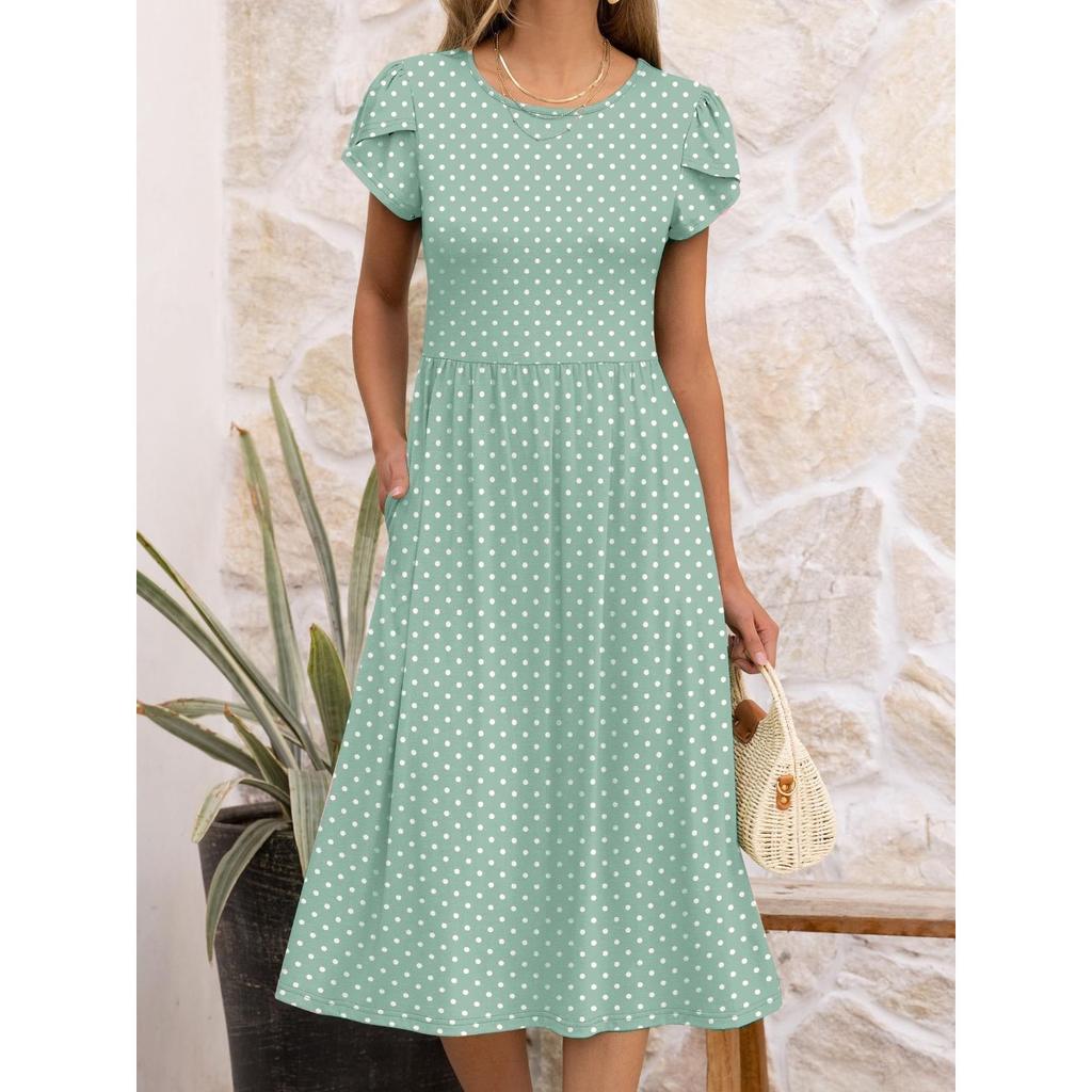 Damen Rundhals Kurzarm Midi Kleid Lockerer Schnitt Mittlere Taille Elegant Gepunktetes Sommerkleid