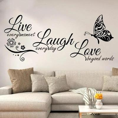 Autocollant mural moderne avec citations et citations « Vivre rire aimer papillon fleur »