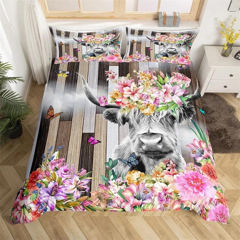 Highland Cow Bedding Set Polyester Bull Cattle Flowers Quilt Cover Western Wild Animal Duvet Cover Farmhouse Cow Bedspread Cover