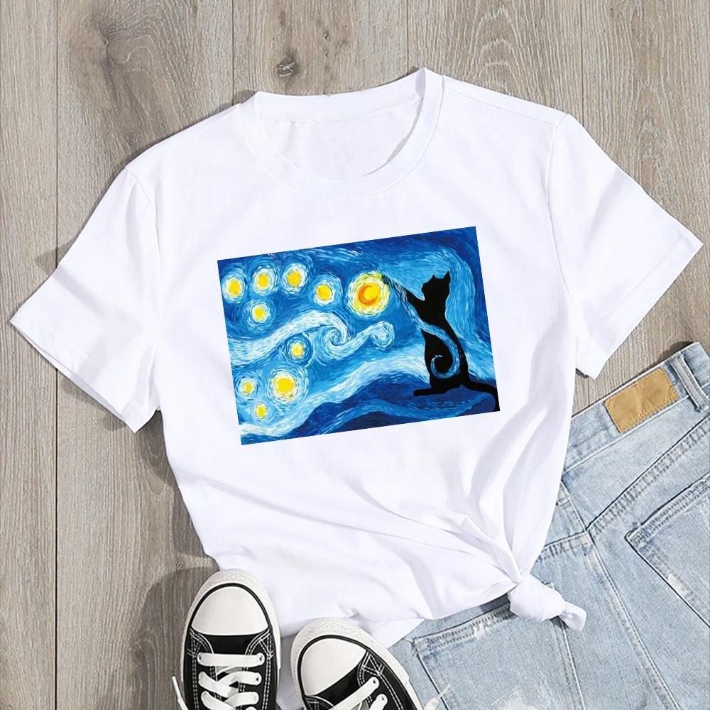 Van Gogh Starry Night Cat in the Print Dámské oblečení Tričko Estetický vzor Bílé Dámské tričko Polyester s krátkým rukávem