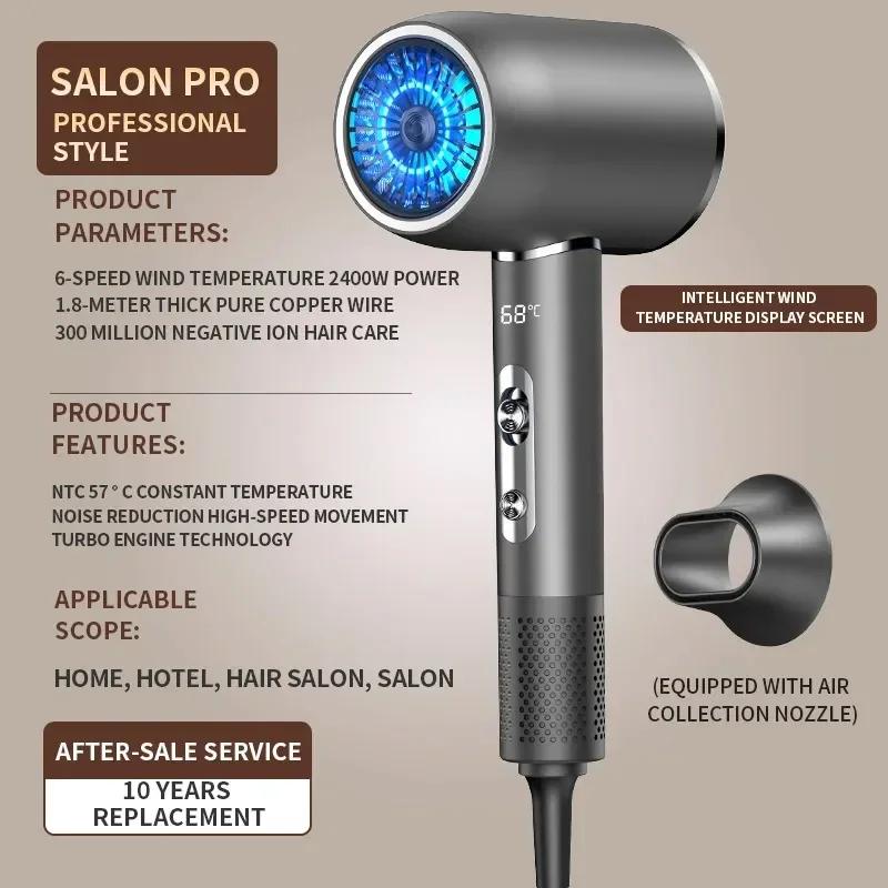 

Professional 2400W High Speed Leafless Hair Dryer Hair Machine Negative Ions LED Digital Display Blow Dryer Hair Styling Tools AU сірий колір