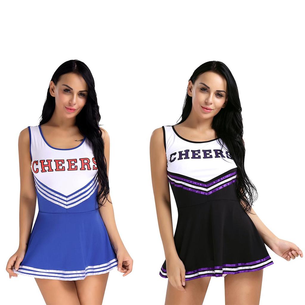 Fancy Dress Cheerleader Outfit Uniform Cosplay Costume With Pom Poms High School