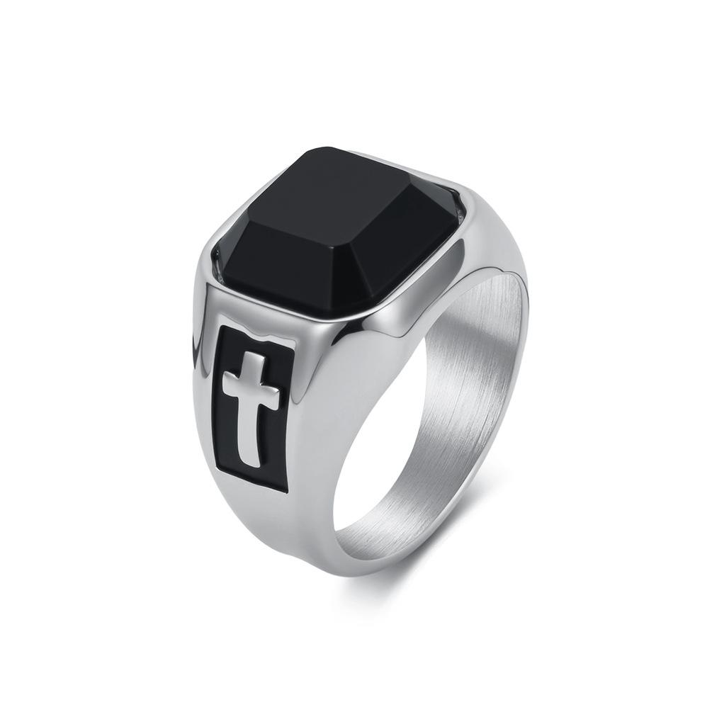 Vintage Punk Stainless Steel Cross Black Gem Signet Ring for Men 7