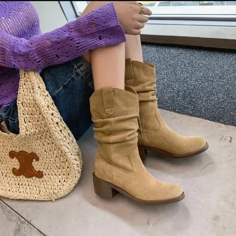 Fashion 2024 Hot Sale Ladies Shoes Slip-on Women's Boots Fashion Pleated Modern Boots Women Sexy Pointed Toe Mid-Calf Bootszapatos Mujer