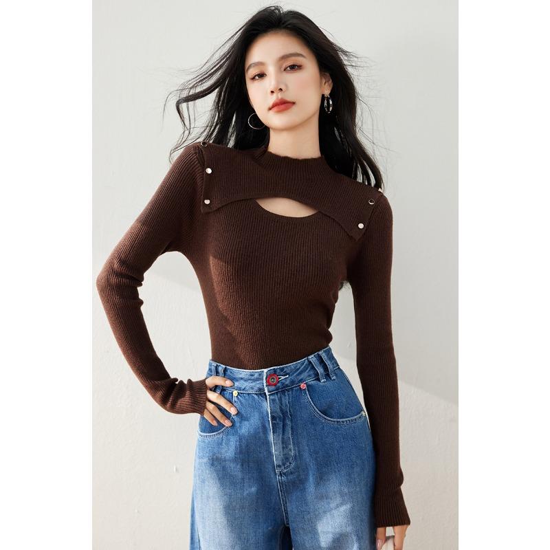 Trendy Black Knitted Sweater for Women, Hollow Out Design, Half-high Collar, Straight Cut, Figure Slimming