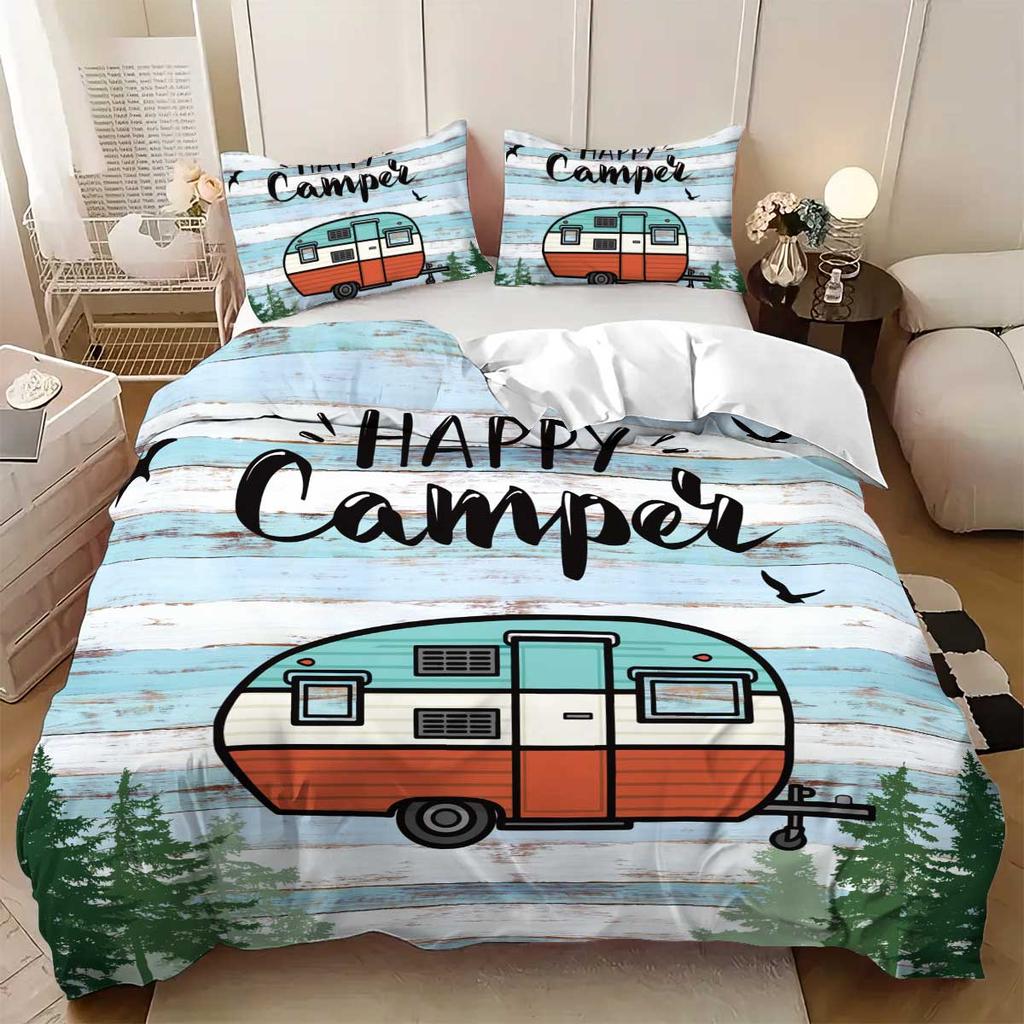 3-piece set,happy camper and forest pattern printed bedding set, queen, king, double bed, party  funny and creative bedding set