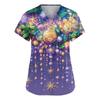 Women's Fashionable V-neck Workwear Printed Short Sleeved Pocket Side Slit Workwear Basic Pullover Top