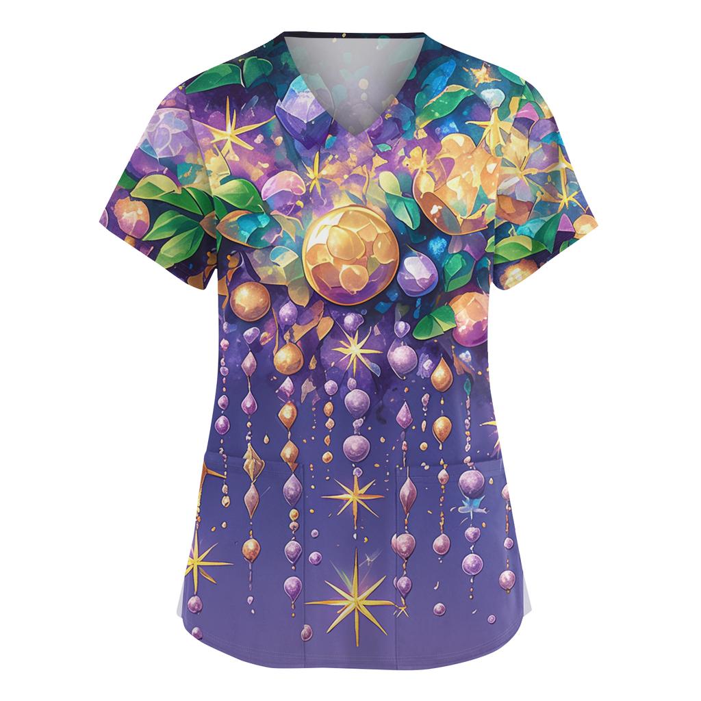 Women's Fashionable V-neck Workwear Printed Short Sleeved Pocket Side Slit Workwear Basic Pullover Top