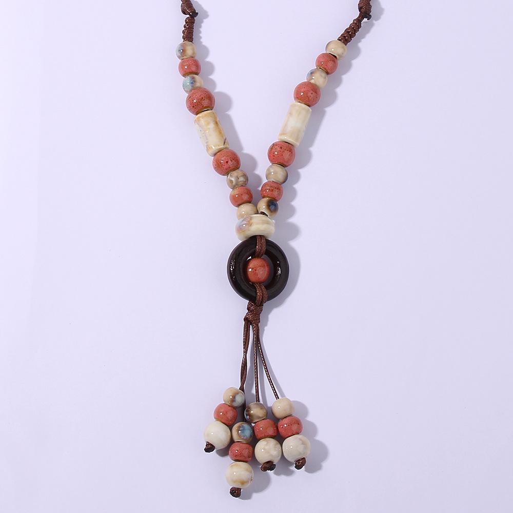 Bohemian Ethnic Style Ceramic Necklace Long Tassel Necklace Retro Simple Versatile Sweater Chain