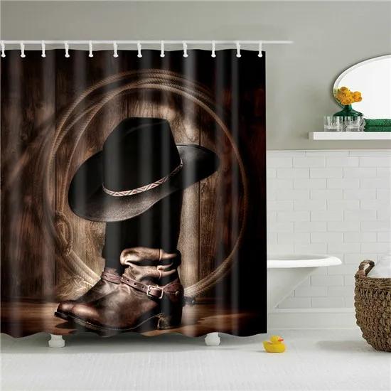Vintage Style Map Anchor Cowboy Printed Shower Curtains With 12 Hooks Waterproof Polyester Decorative Bathroom Curtains