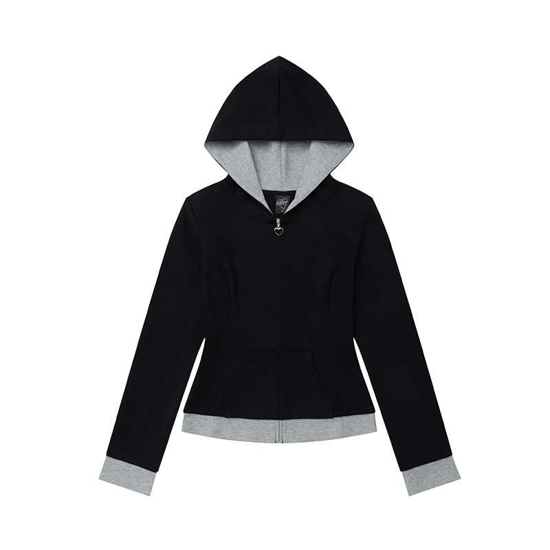 

USS Модный контрастный дизайн Универсальный трикотажный топ пэчворк Облегающий кардиган с капюшоном Верхняя одежда Black L