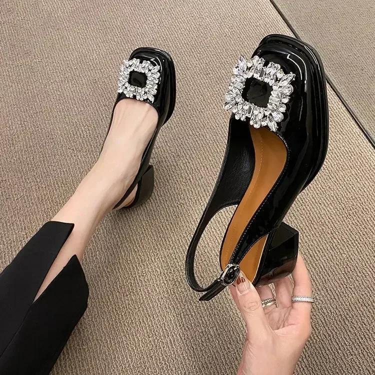 Fashion Summer New Baotou Sandals Women's French Retro Square Headed Water Diamond Buckle Back Hollow Thick Heel Sandals Large 42