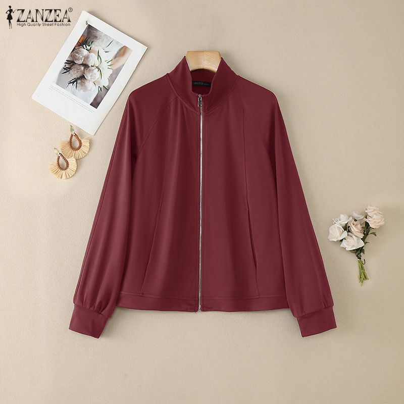ZANZEA Women Casual Stand Collar Long Sleeve Thin Zipper Jackets