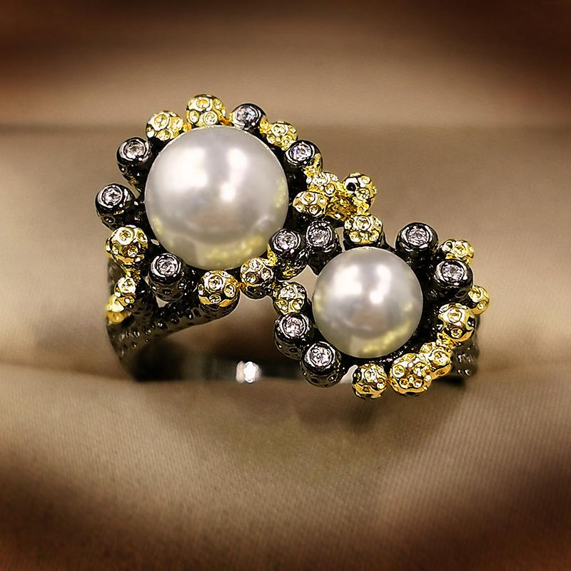 

Винтажные кольца из стерлингового серебра в стиле барокко с пресноводным жемчугом для женщин, коктейльное кольцо из черного золота, ювелирное изделие в подарок 9