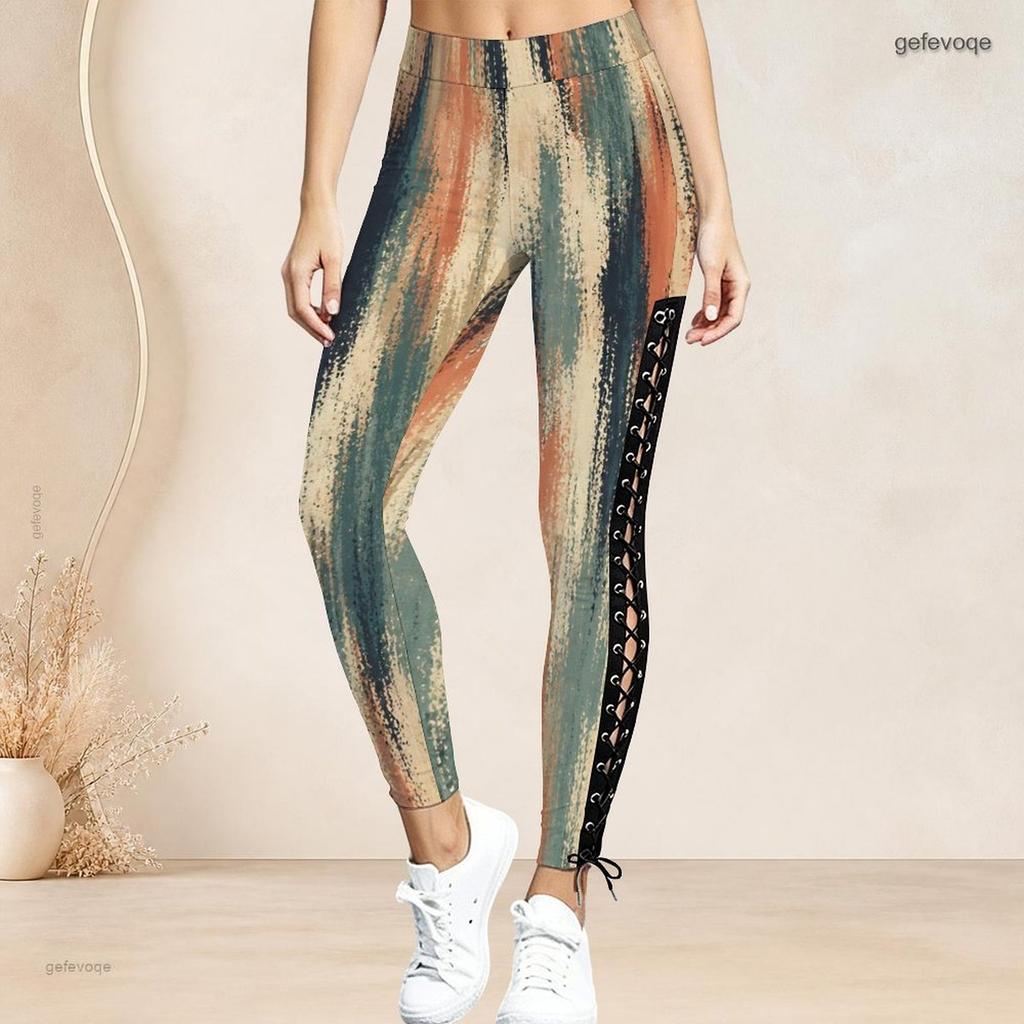 Women Plus Size High Waist Printed Side Eyelet Lace Up Full Length Leggings