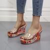 Fashion Printing Wedges High Heels Slippers for Women Gladiator Sexy PVC Transparent Peep Toe Ladies Slides Summer Retro Platform Sandal