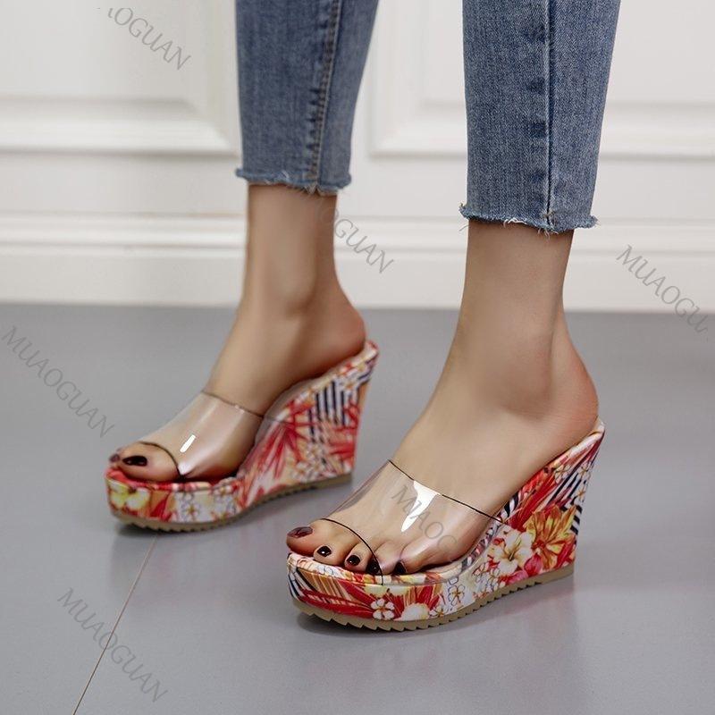 Fashion Printing Wedges High Heels Slippers for Women Gladiator Sexy PVC Transparent Peep Toe Ladies Slides Summer Retro Platform Sandal