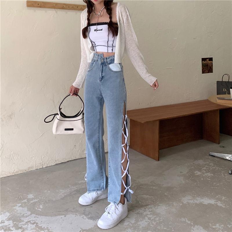 European and American Style High Waisted Split Strap Jeans for Women with Straight Sleeves and Slim Wide Legs, Fashionable Women's Clothing