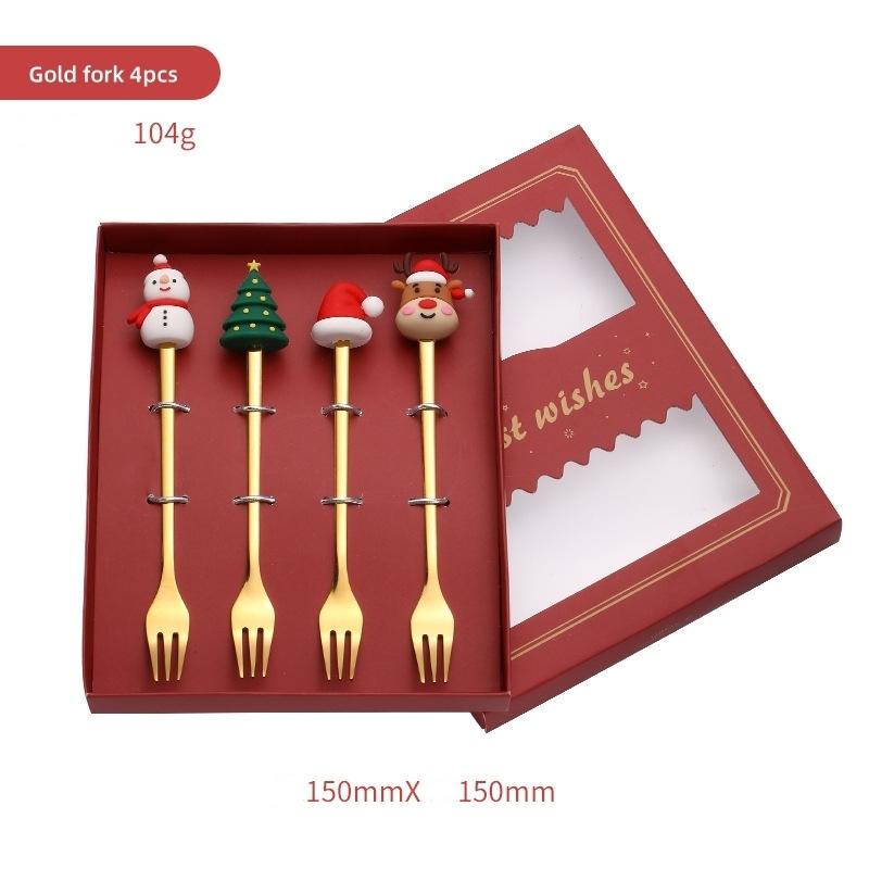 6/4PCS Christmas Gift Glod Silver Spoon Fork Set Elk Christmas Tree Decoration Dessert Scoop Fruit Fork Coffee Spoon Cutlery Set