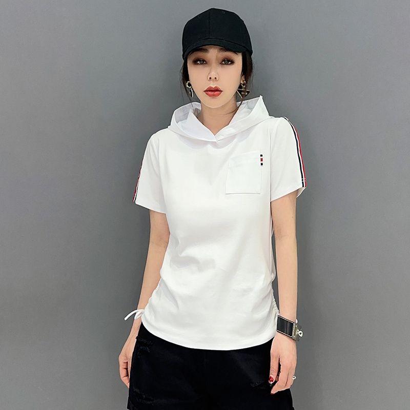 

Худи 2024 Лето Новинка Однотонный Пуловер Корейский Стиль Хлопок Короткий рукав С капюшоном На шнурке Футболка Женский Повседневный Топ White (short sleeve) L