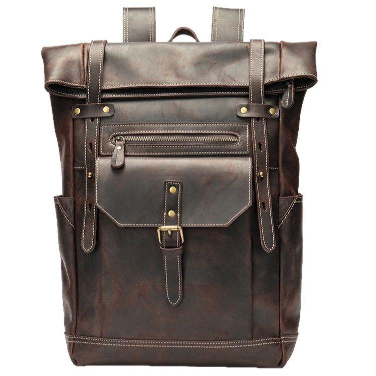 Men's Wear-Resistant Crazy Horse Leather Backpack for Travel and Hiking