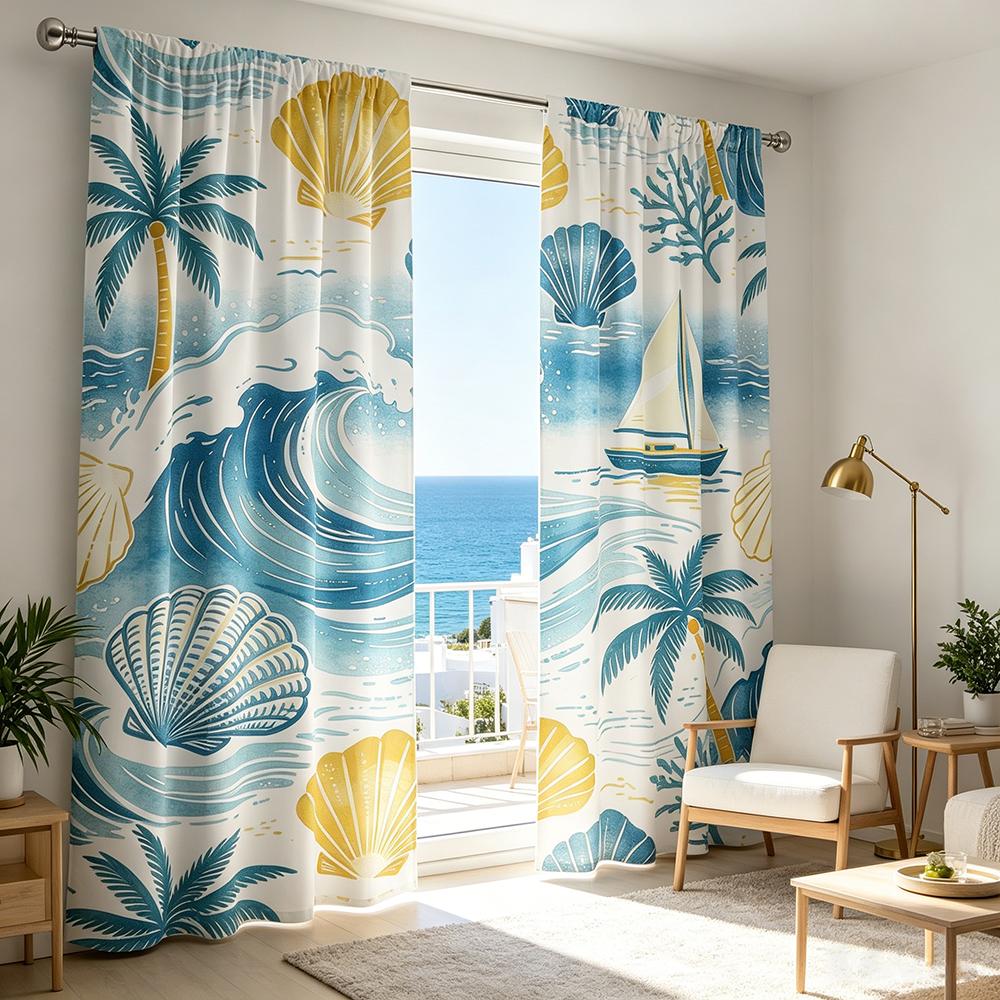 2PCS Ocean Wave Shell Curtains, Coastal Beach Print, Nautical Window Drapes for Living Room Bedroom Bathroom Decor