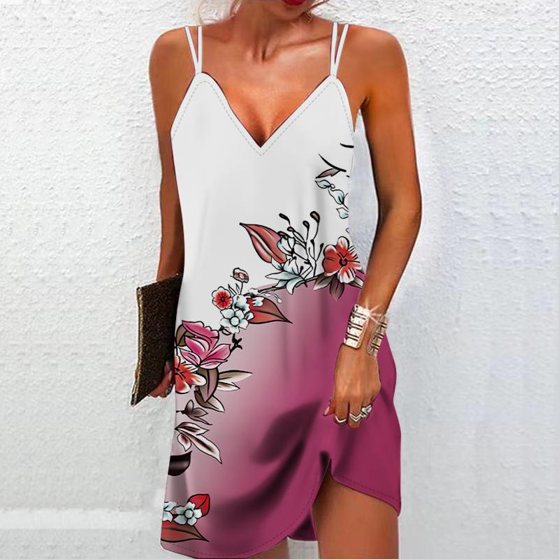 Women's Fashionable and Sexy 3D Blue Leaf White Flower Printed Strapless Dress, Loose V-neck Camouflage Dress