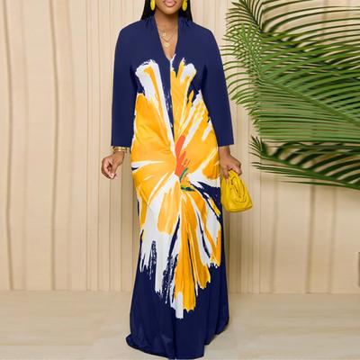 Women Plus Size V-Neck Long Sleeve Printed Dress