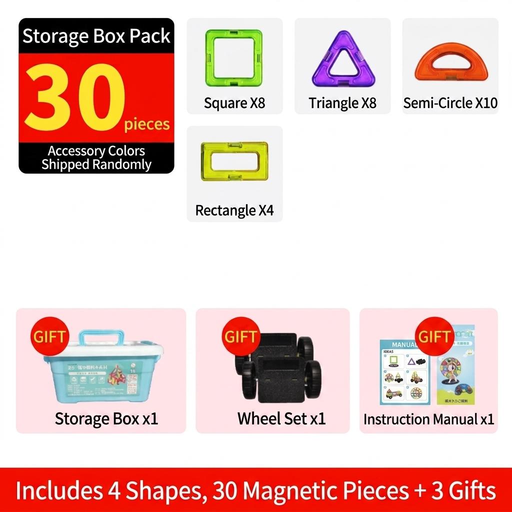 Magnetic Tile Constructor, 30 Pieces, 4 Shapes, Multi‑colored, Educational Toy for Children, Storage Box, Wheels and Instructions As a Gift.