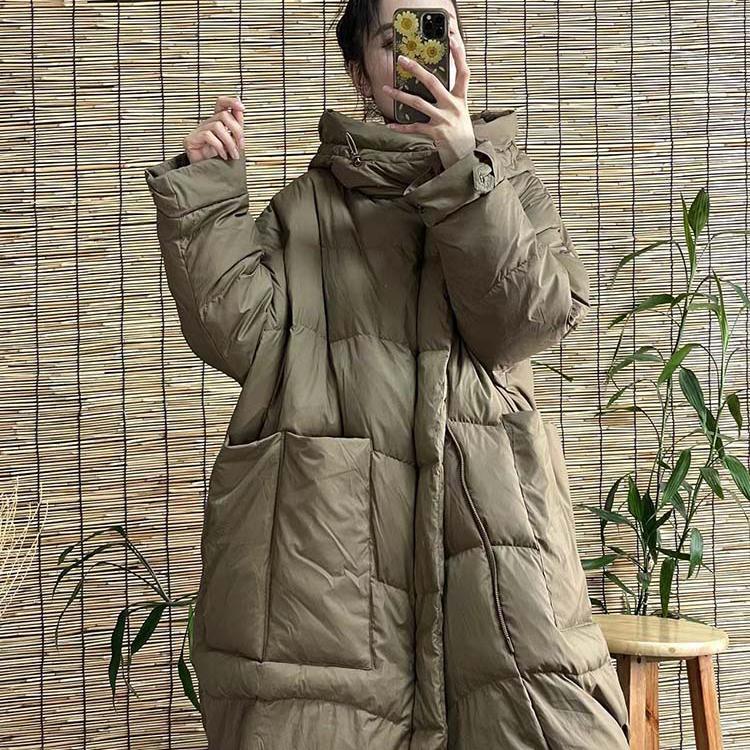 Women Down Long Jacket Hood Loose Over Size Coat Autumn Winter Warm Outwear Korean Style Big Pockets
