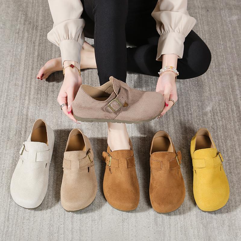 Women's Suede Flat Mules, Casual Buckle Strap Closed Toe Loafers, Retro Minimalist Slip-on Shoes for Spring Autumn Daily Wear
