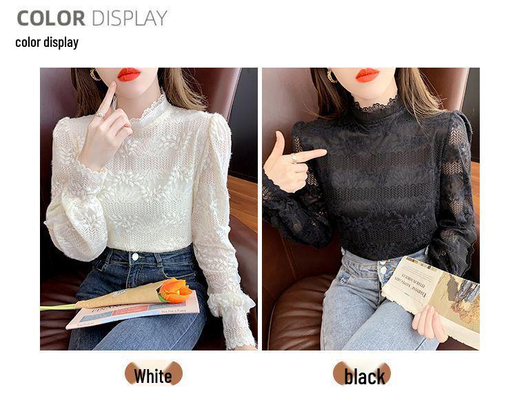 Women's Elegant Lace Long-Sleeve Base Layer Top, French Style, Plus Size, Autumn 2025 Collection