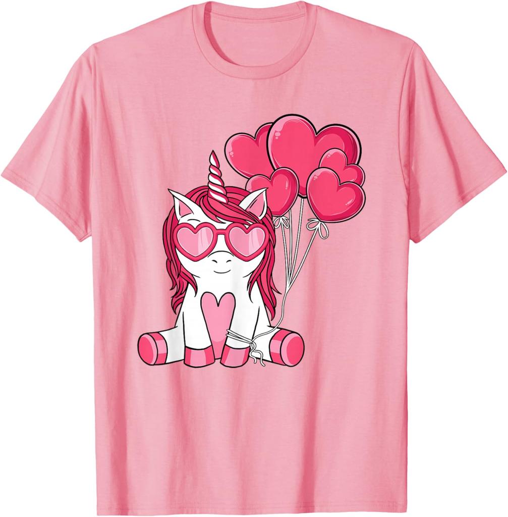 T-shirt Graphique Licorne Mignonne Avec des Ballons en Forme de Cœur Saint-Valentin Respirant Décontracté Manches Courtes pour Filles Enfants