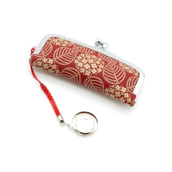 Inden Seal Case with Ink Pad, Deer Skin Lacquer Craft, No. 4303, Red Base - White Lacquer Hydrangea