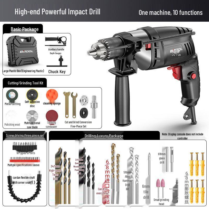 220V Multifunction Handheld Electric Drill & Screwdriver with Pistol Grip, Hammer & Power Tool Functions.