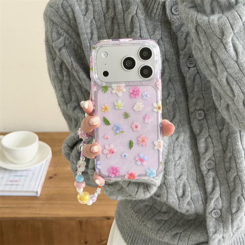 Cute Kawaii Purple Glitter Floral Phone Case For iPhone 17 16 15 14 Pro Max Pastel Flower Print Protective Cover for Girls