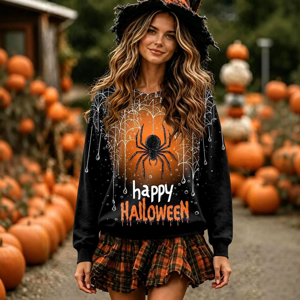 Women's Halloween Print Long Sleeve Neck Pullover Sweatshirt