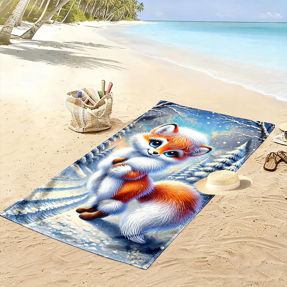 Fluffy Fox Winter Charm Print Beach Towel, Quick Drying, Suitable for Travel, Outdoor Sports, Jogging, the Beach and Swimming, Gift