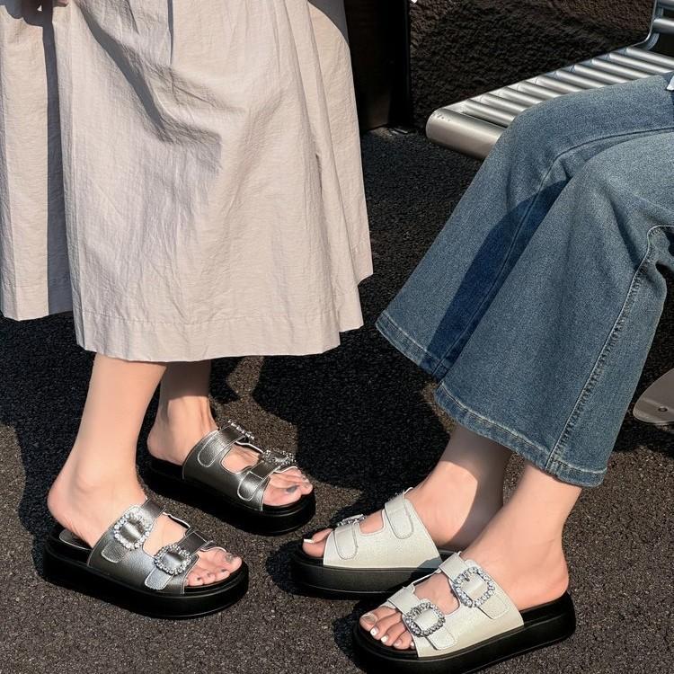 

Thick-soled cool slippers summer new one-word slippers versatile rhinestone beach sandals women 35 бежевий