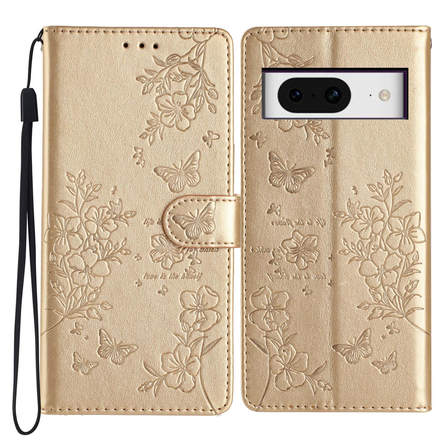 

For Google Pixel 8 Protective Case Butterfly Floral Imprint Leather Wallet Phone Cover Gold