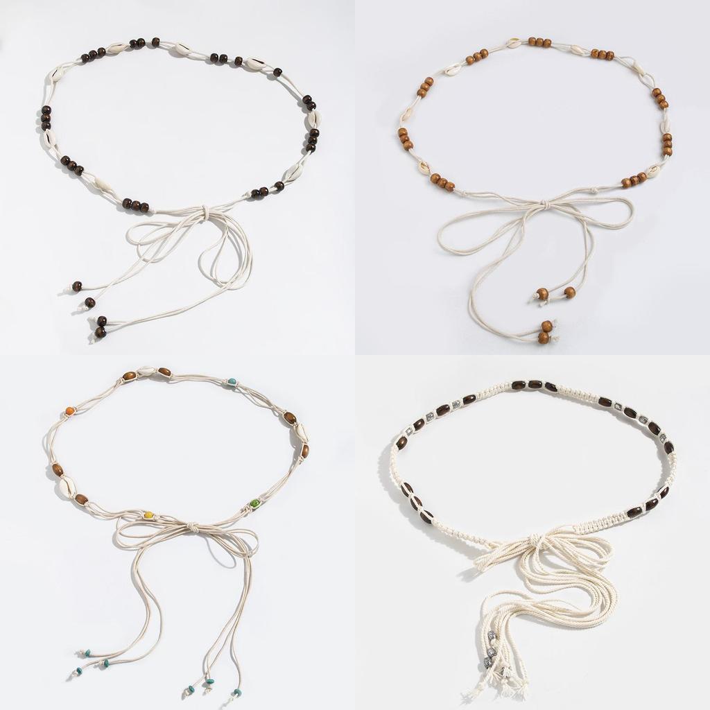 Bohemian Fashion Waist Rope With Shell And Wooden Beads For Leisure And Travel