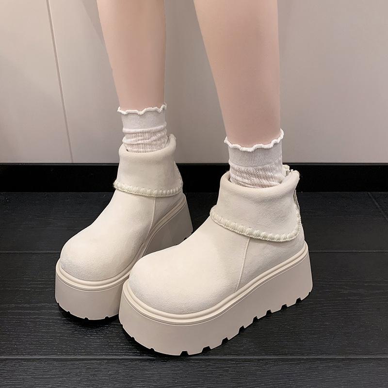 Women's Large Size Furry Mouth Winter Warm Snow Boots Padded Lining Ankle Boots Leather and Fur Integration Non-slip Hiking Sports Martin Boots