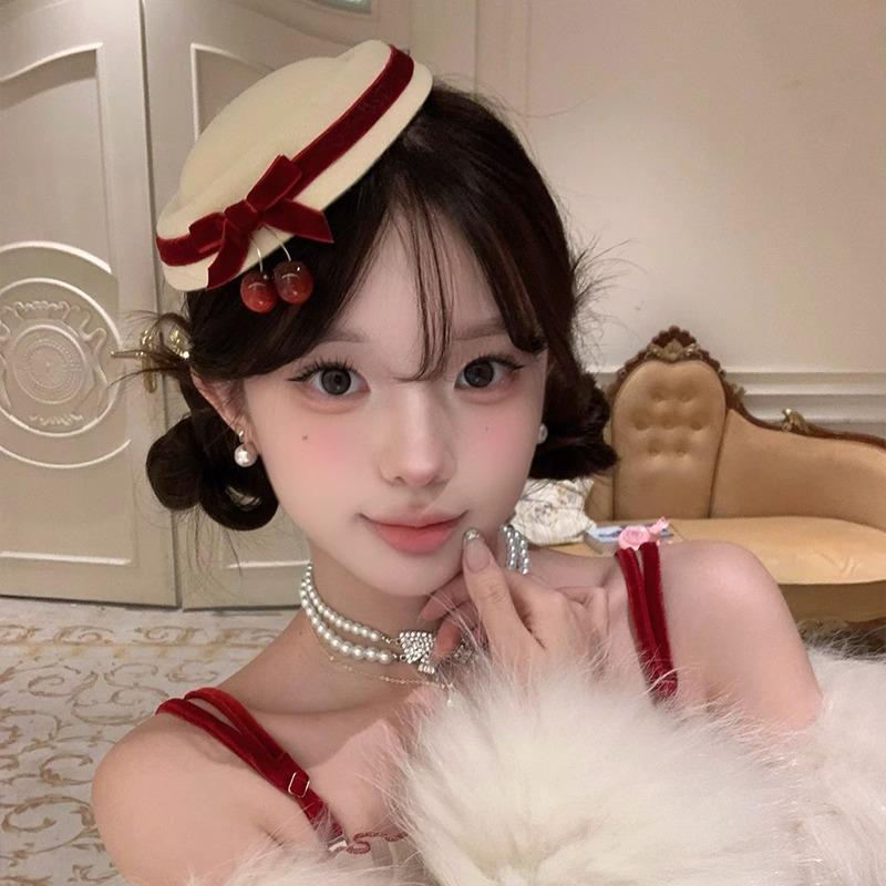 Festive Cherry Bow Mini Top Hat Hair Clip - Christmas Accessories for Women