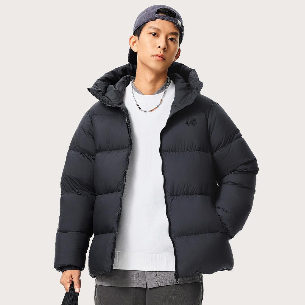 Li Ning Sports Lifestyle Series Solid Color Casual Short Hooded Down Jacket Men Outerwear Black AYMU115-12