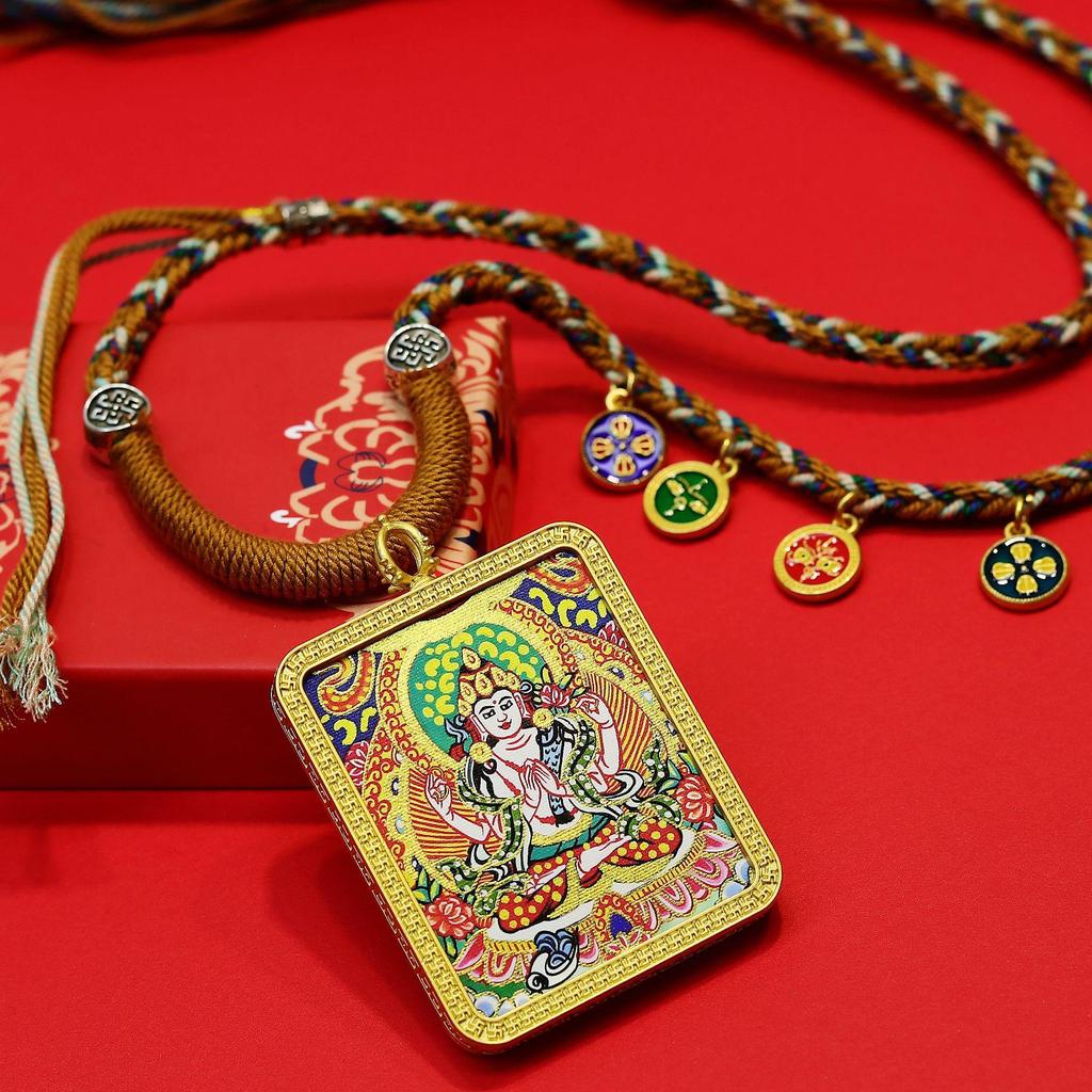 Rebgong Hand-Painted Thangka Zodiac Amulet Necklace with GAU Box Pendant - Eight Protectors of Tibetan Buddhism
