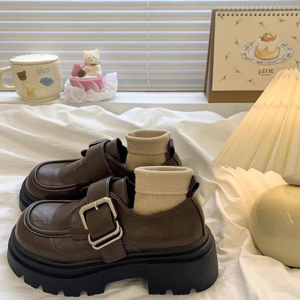 Fashion New Luxury Women's Small Leather Shoes Fashionable and Versatile Japanese Thick Soled Le Fu Shoes Outdoor Casual Single Shoes