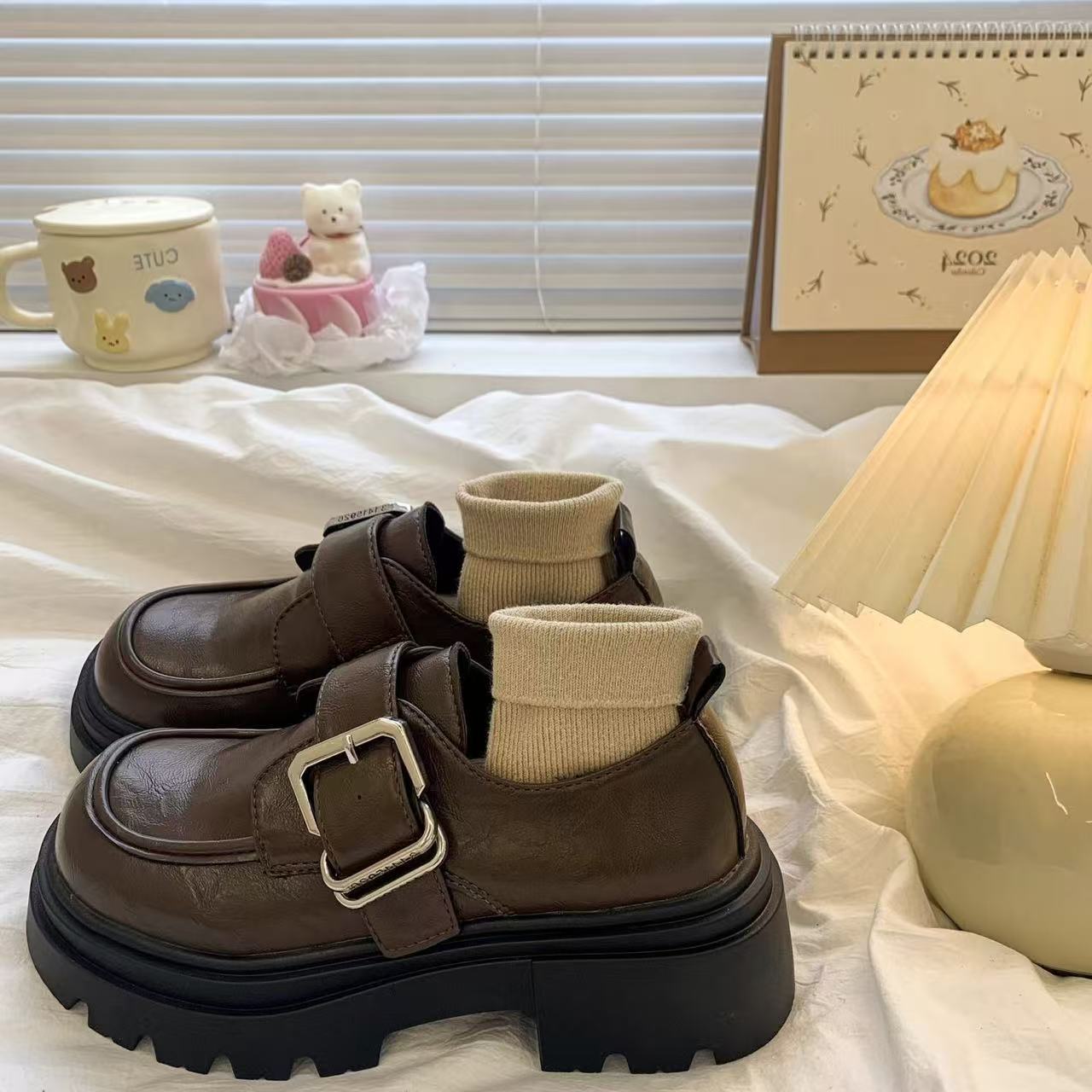 

Модные Новые Роскошные Женские Маленькие Кожаные Туфли Модные и Универсальные Японские Туфли Ле Фу на Толстой Подошве Повседневные Одинарные Туфли для Улицы 40 коричневый